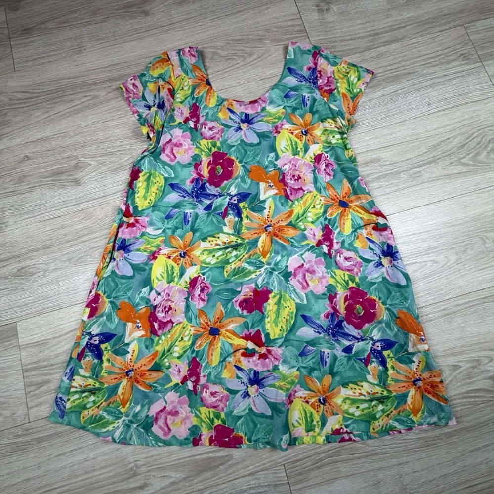 Vintage 90s Jams World Tiger Lily Floral Mini Dress Lace Up Back Teal‎ Small